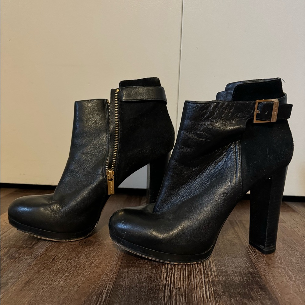 Michael Kora black leather & suede tall heel with gold buckle size 10